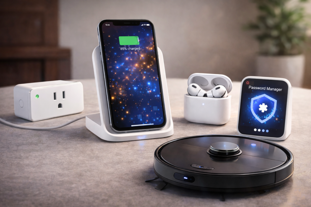 image of Smart plug, Wireless charging stand, Noise-canceling earbuds, Password manager, Robot vacuum